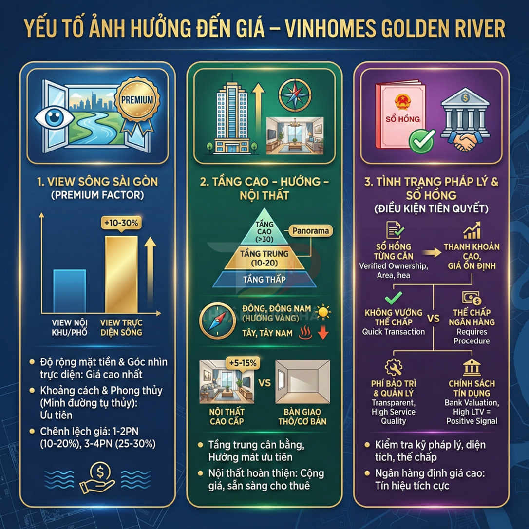 Infographic các yếu tố ảnh hưởng đến giá căn hộ Vinhomes Golden River: view sông, tầng cao, nội thất, pháp lý sổ hồng