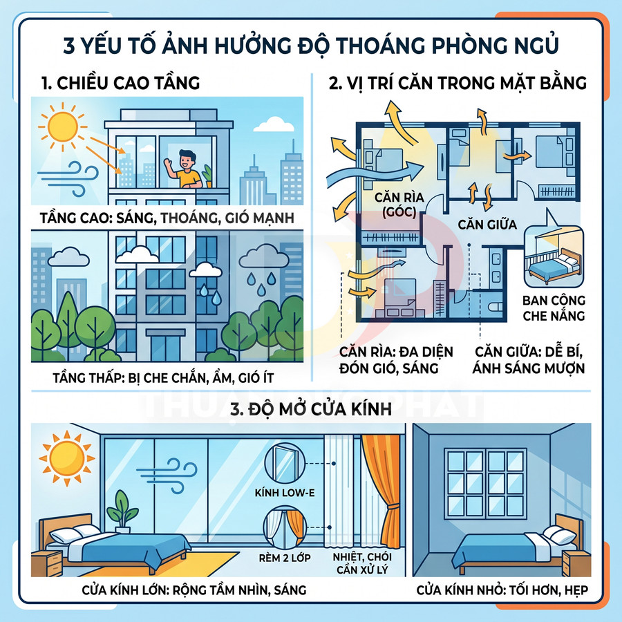 Minh họa 3 yếu tố ảnh hưởng độ thoáng phòng ngủ: chiều cao tầng, vị trí căn hộ và độ mở cửa kính