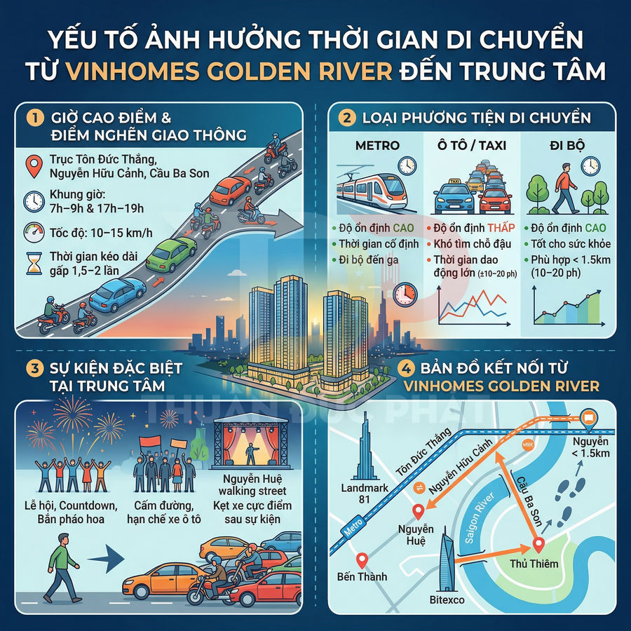 Infographic các yếu tố ảnh hưởng thời gian di chuyển từ Vinhomes Golden River đến trung tâm TP HCM