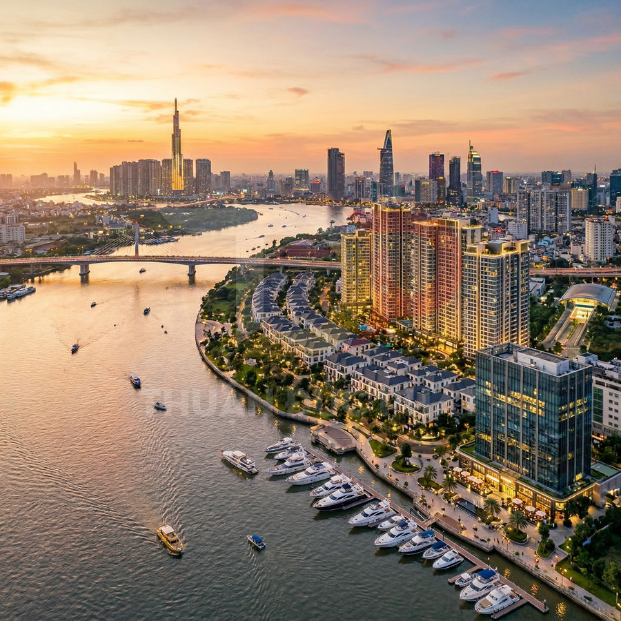Bến du thuyền sang trọng bên sông với khu căn hộ cao cấp và nhà phố ven sông tại trung tâm thành phố