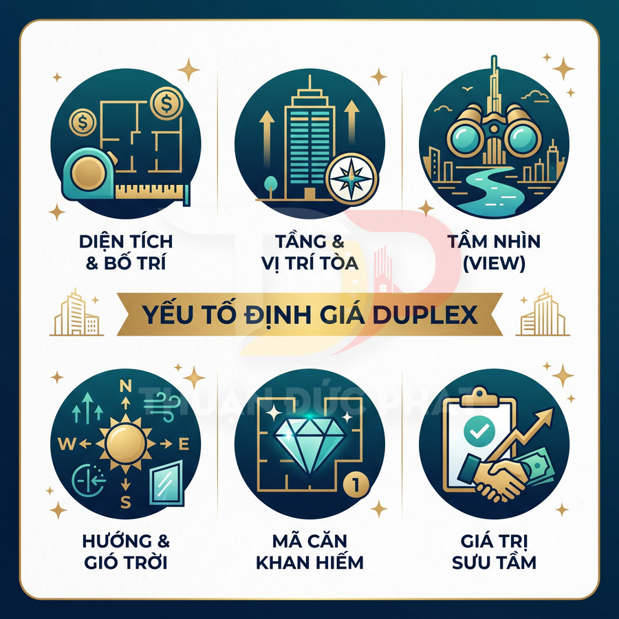 Infographic các yếu tố định giá căn hộ duplex như diện tích, vị trí tòa, tầm nhìn, hướng gió, mã căn hiếm, giá trị sưu tầm