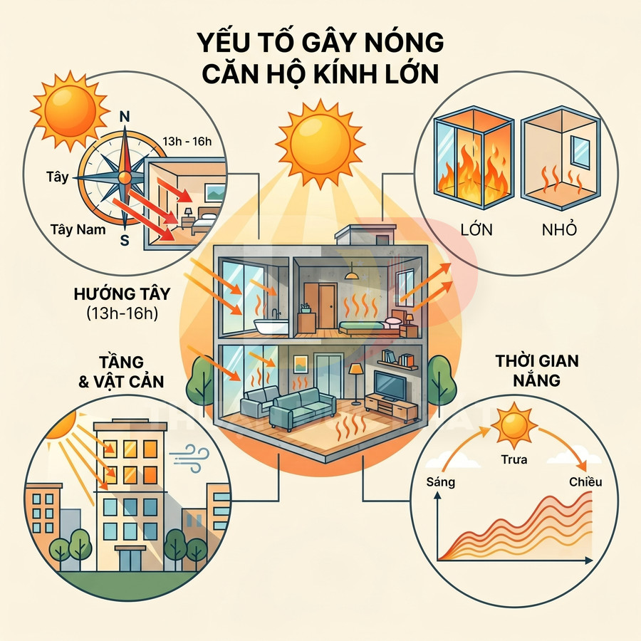 Minh họa các yếu tố làm căn hộ kính lớn bị nóng như hướng tây, diện tích kính, tầng cao và thời gian nắng