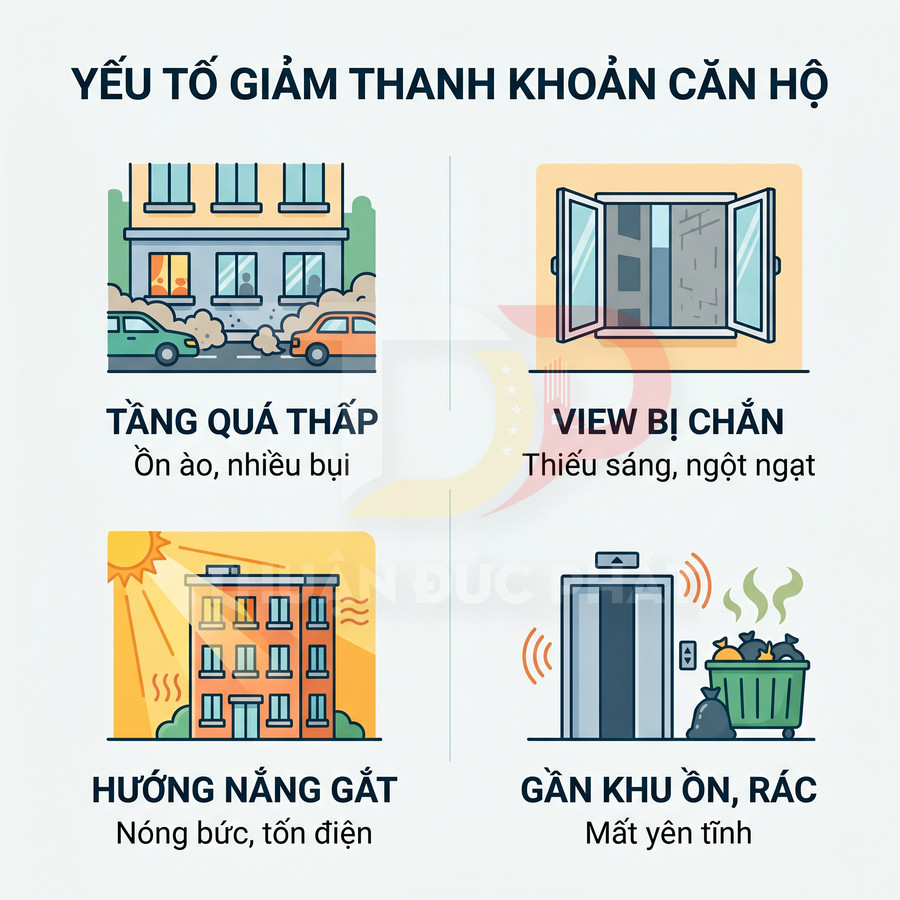 Các yếu tố làm giảm thanh khoản căn hộ: tầng thấp ồn bụi, view bị chắn, hướng nắng gắt, gần khu ồn ào rác thải