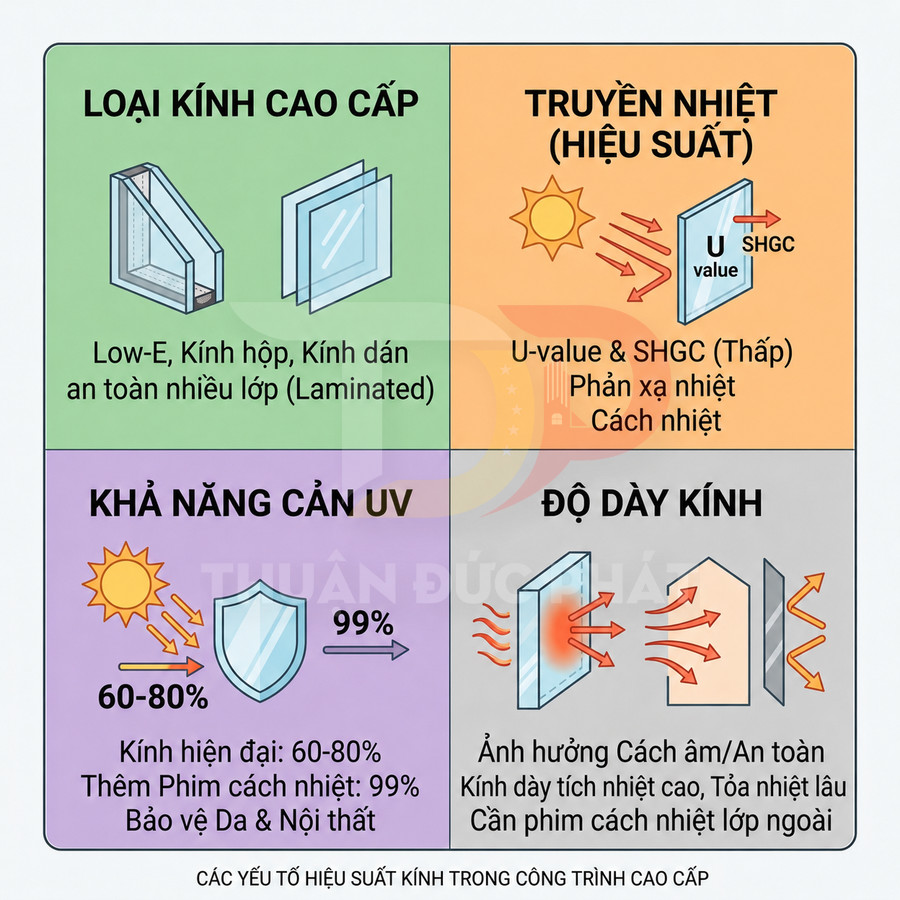 Các yếu tố hiệu suất kính cao cấp gồm loại kính, truyền nhiệt, khả năng cản UV và độ dày kính