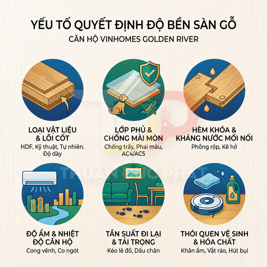 Infographic các yếu tố quyết định độ bền sàn gỗ căn hộ Vinhomes Golden River