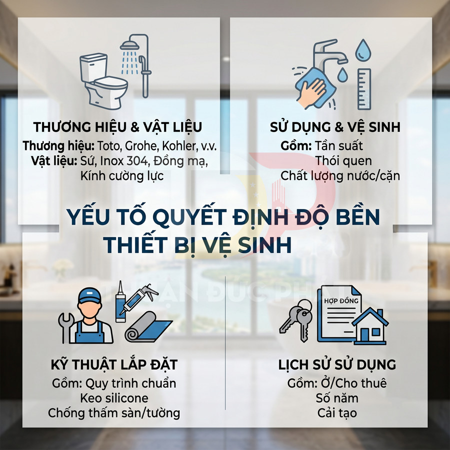 Infographic các yếu tố quyết định độ bền thiết bị vệ sinh như thương hiệu, vật liệu, kỹ thuật lắp đặt, sử dụng và lịch sử dùng