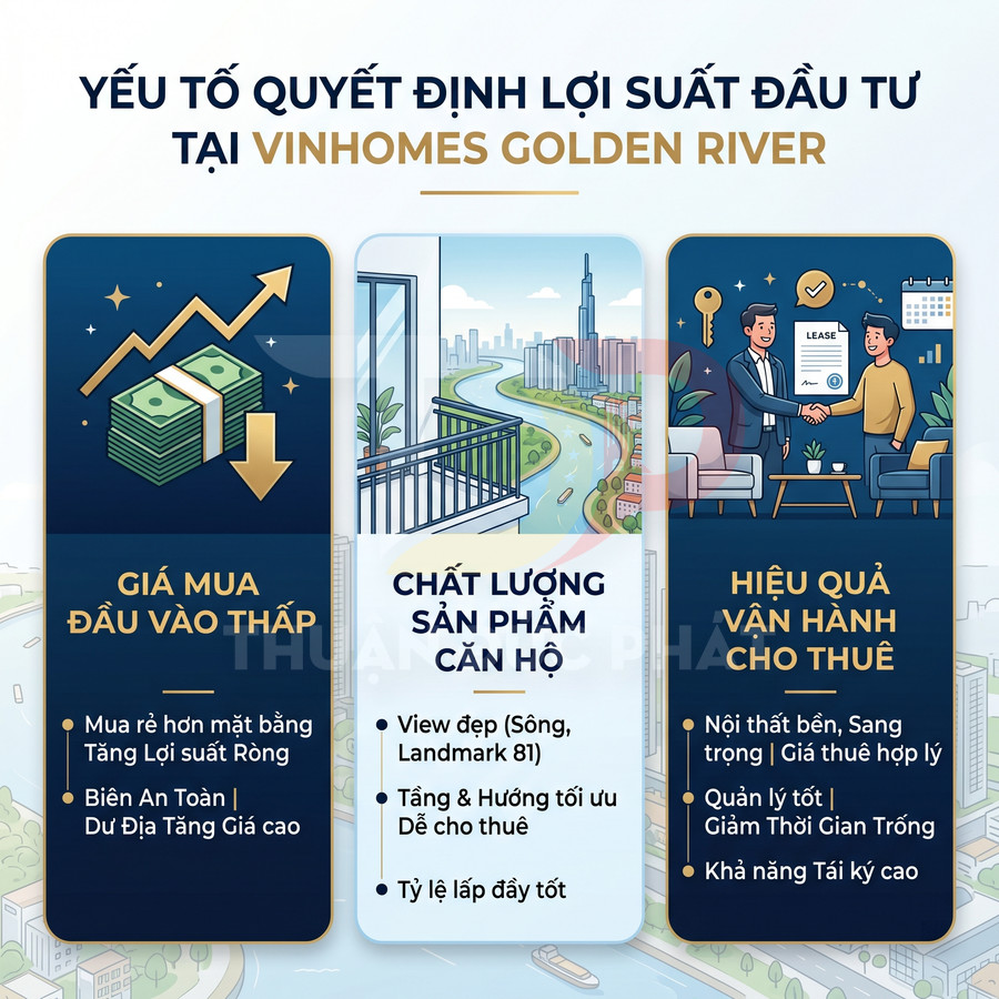 Infographic các yếu tố quyết định lợi suất đầu tư căn hộ Vinhomes Golden River: giá mua, chất lượng, hiệu quả cho thuê