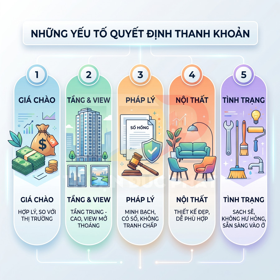 Infographic các yếu tố quyết định thanh khoản bất động sản: giá chào, tầng và view, pháp lý, nội thất, tình trạng nhà