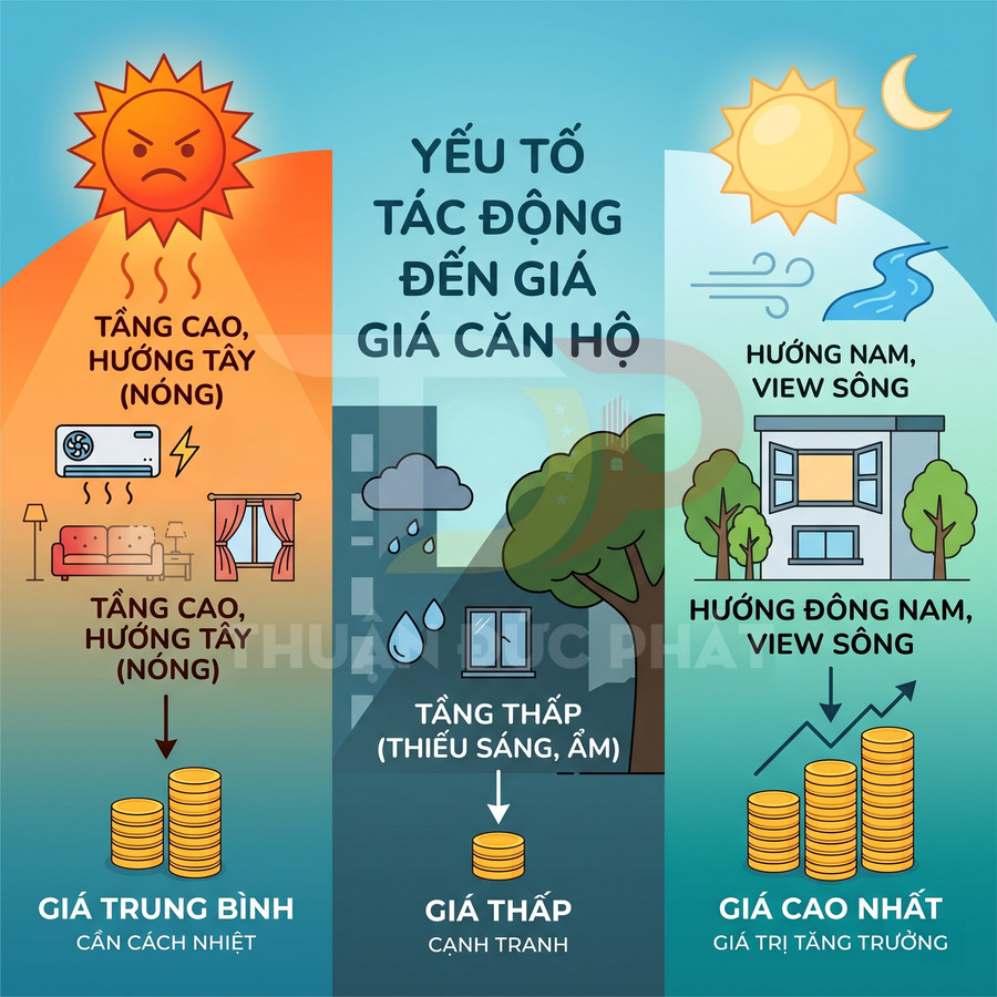 Infographic các yếu tố hướng nhà và tầng ảnh hưởng đến giá bán căn hộ chung cư