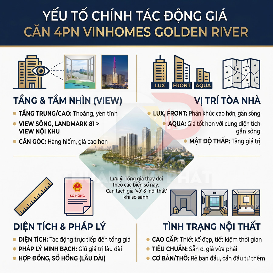 Infographic các yếu tố ảnh hưởng giá căn hộ 4 phòng ngủ Vinhomes Golden River
