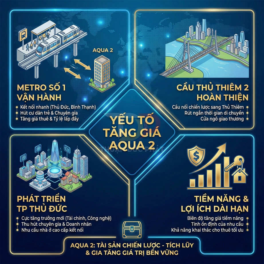 Infographic các yếu tố tăng giá dự án căn hộ Aqua 2 gần metro số 1, cầu Thủ Thiêm 2 và trung tâm TP Thủ Đức