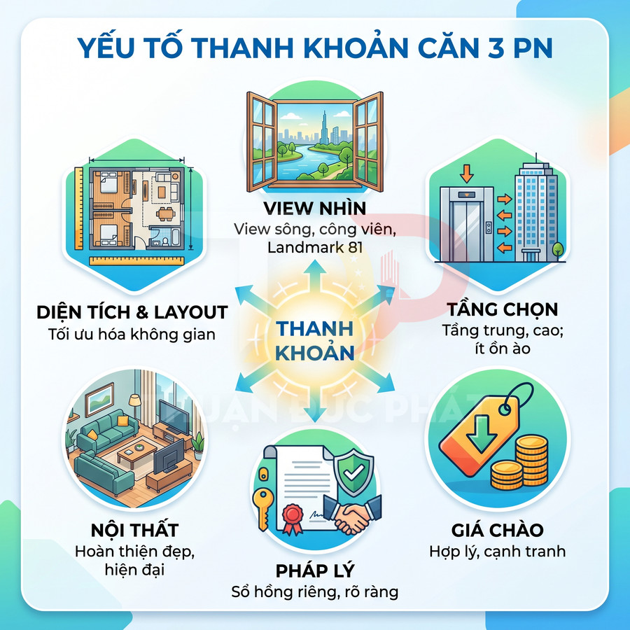 Infographic các yếu tố tăng thanh khoản căn hộ 3 phòng ngủ: diện tích, view, tầng, nội thất, pháp lý, giá chào