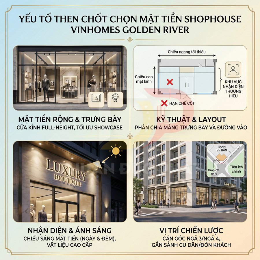 Infographic giới thiệu các yếu tố chọn mặt tiền shophouse Vinhomes Golden River sang trọng, vị trí đẹp, mặt kính trưng bày rộng